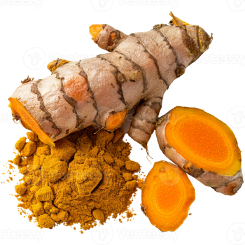 realistic-whole-turmeric-powdered-and-cut-transparent-background-png